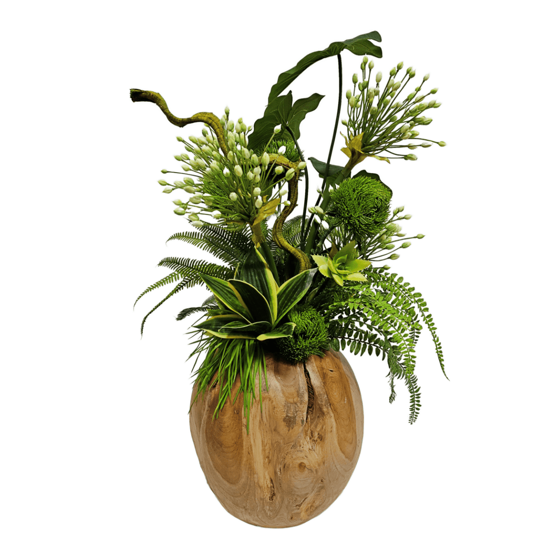White Agapanthus, Allium, Agave and Mixed Ferns in Carved Teak Wood Vase. 29" H - LDF Silk