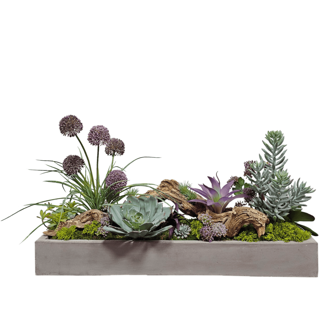 Wood Fragment with Purple Allium, and Blue Succulents in Rectangular Concrete Container 18"H - LDF Silk