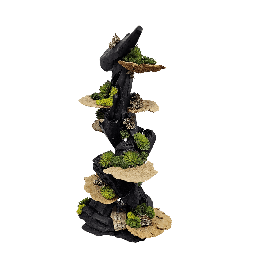 Wood Sculpture with Dried Mushroom, Succulents and Mixed Mosses. FH: 23" - LDF Silk
