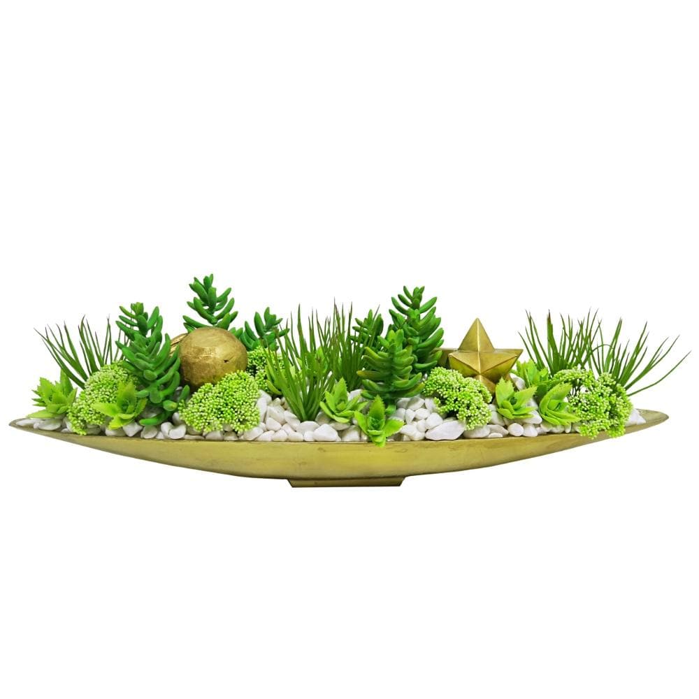 Mixed Succulents with White Rocks in Oblong Boat