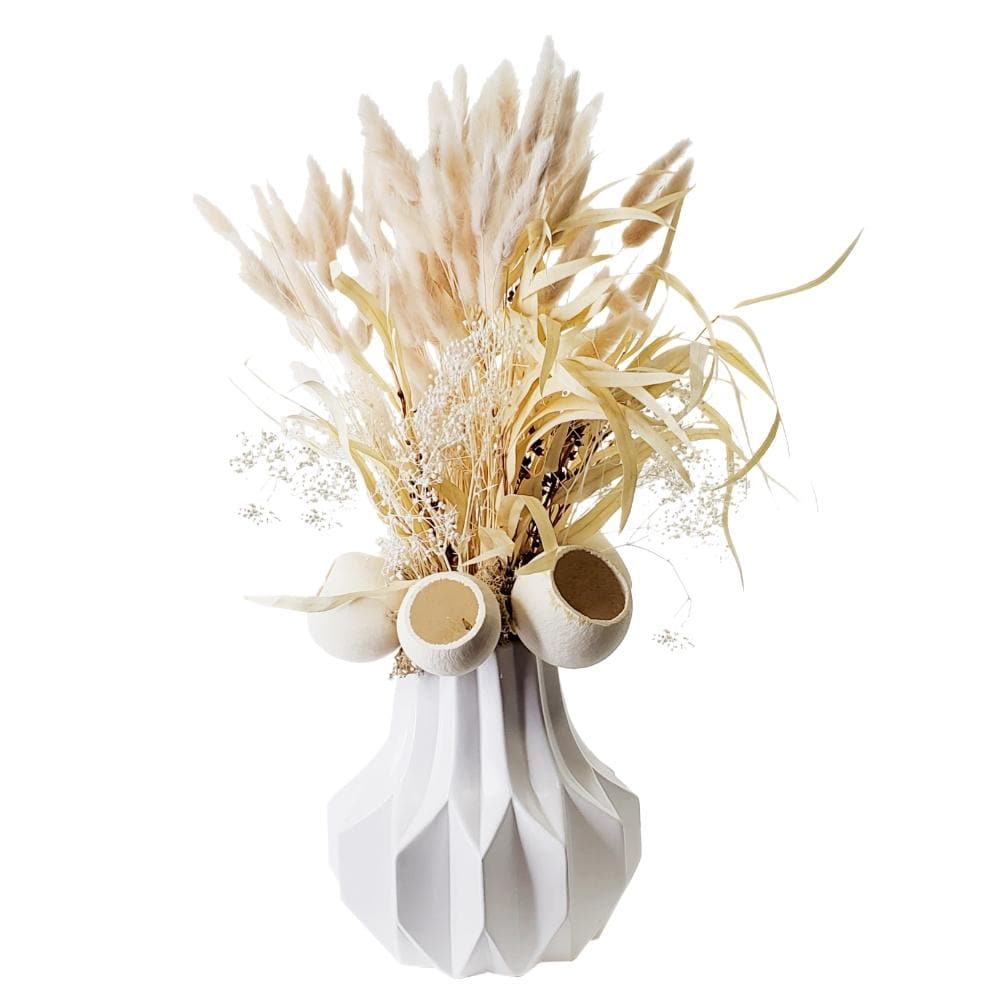 Dried Bunny Tail, Weeping Eucalyptus, Bell Cups and Babys Breath in Container