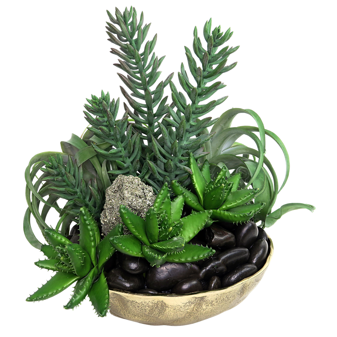 Senecio, Aloe, Tillandsia, Pyrite and Black River Rocks in Bowl