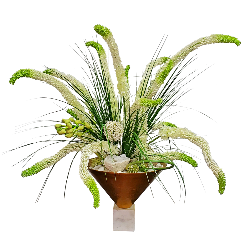 Foxtail Lily, Cymbidium Buds, Zebra Grass, allium and Geodes in Bowl 40"H