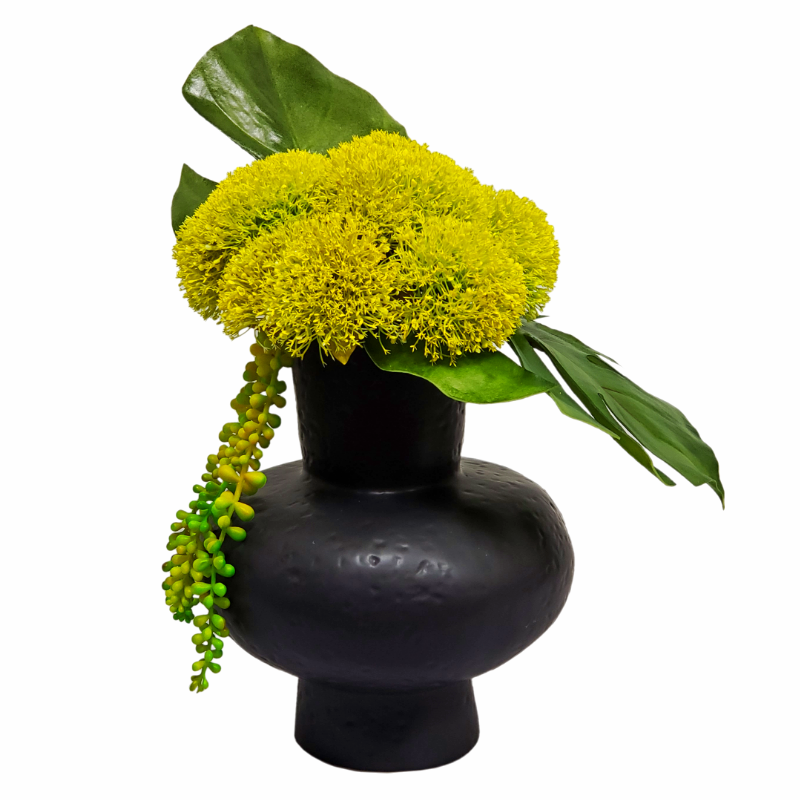 Yarrow, Tropical Leaves and Hanging Sedum in Vase 19"H