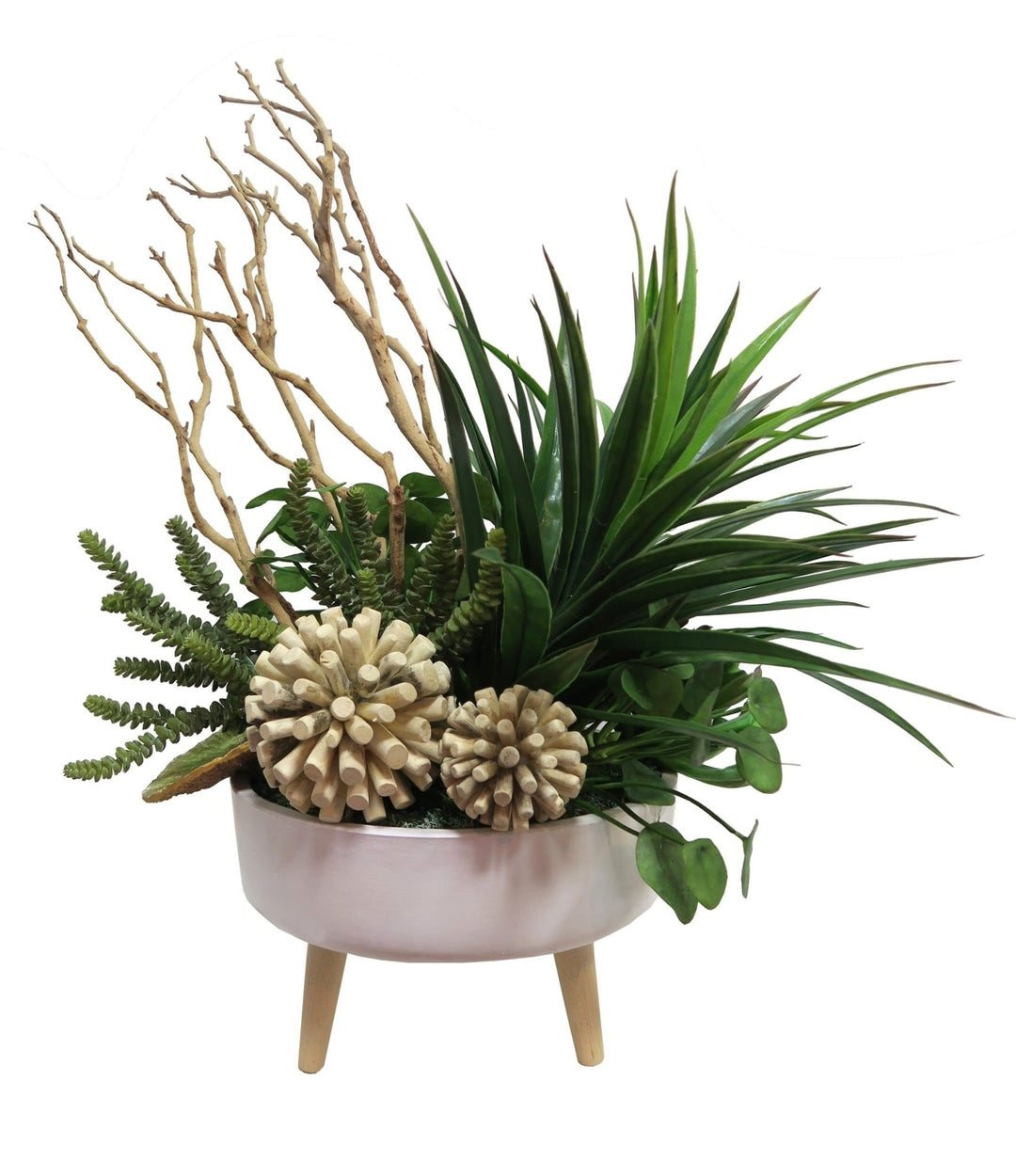 Dracaena with Manzanita and Wood Spheres in Bowl - LDF SilkSucculent