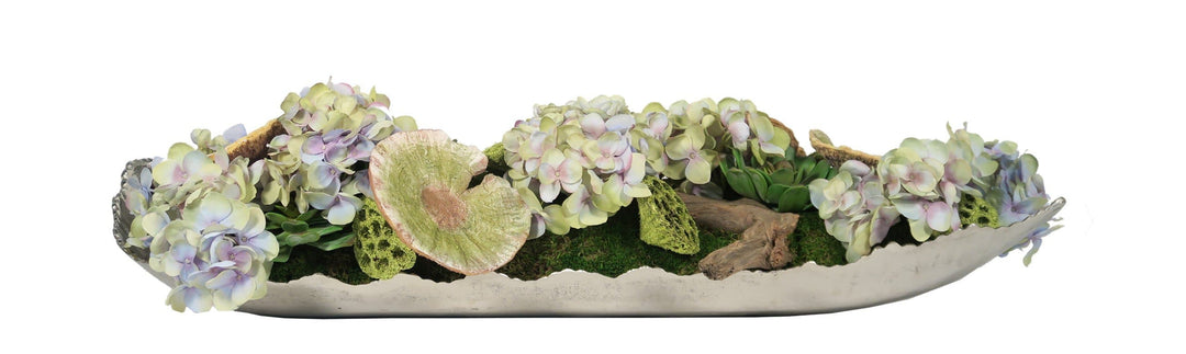 Hydrangeas and Lotus Pods with Succulents in Tray