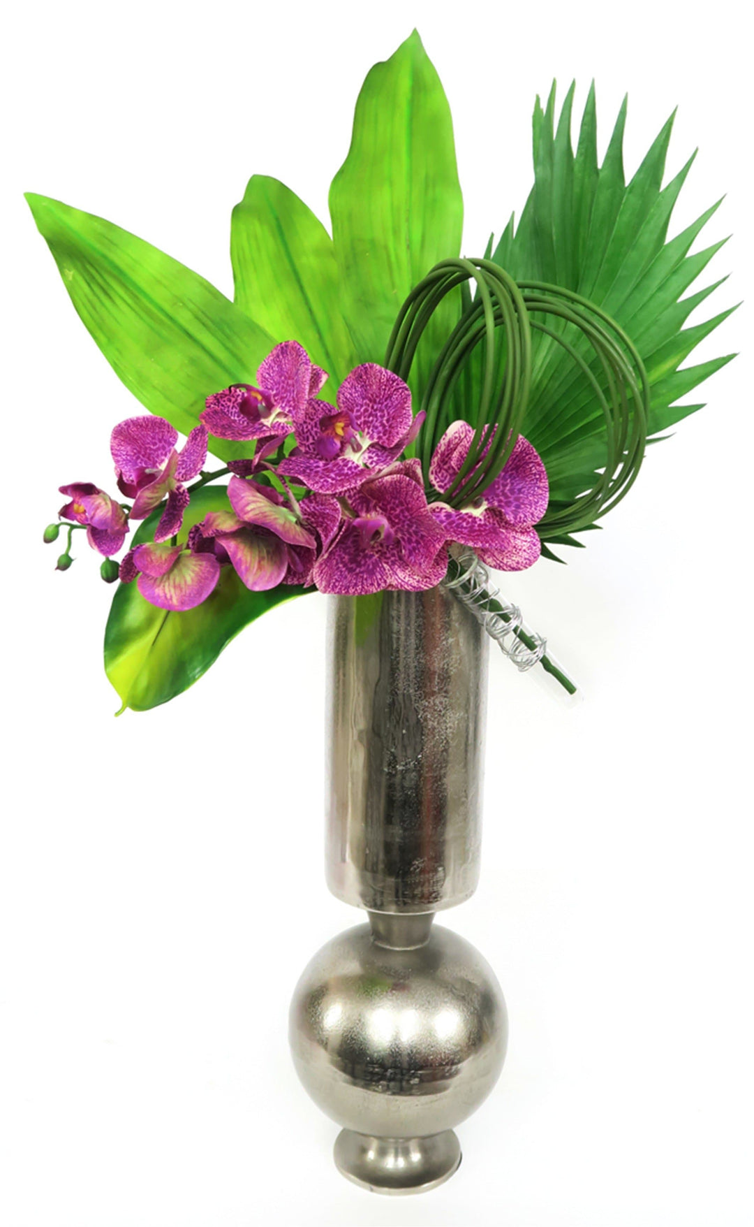 Speckled Orchids with Tropical Leaves and Looped Vine in Vase