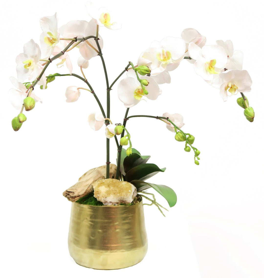 Orchids with Amber Crystal and Wood Remnant in Ceramic