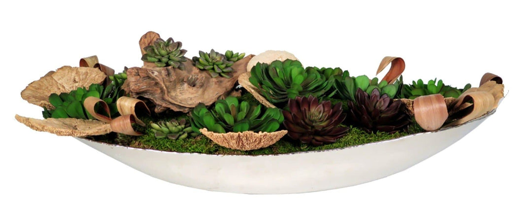 Mixed Succulents with Mushrooms and Wood Fragment in Bowl