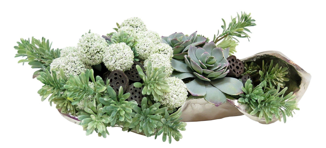 Thistle Balls with Succulents and Lotus Pods in Tray