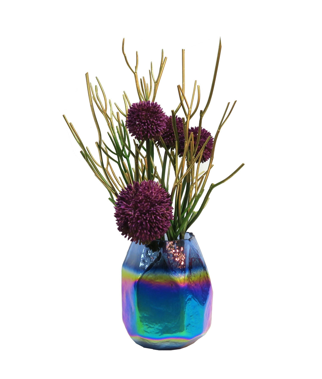 Purple Allium and Gold Tipped Pencil Cactus in Blue Iridescent Glass Container