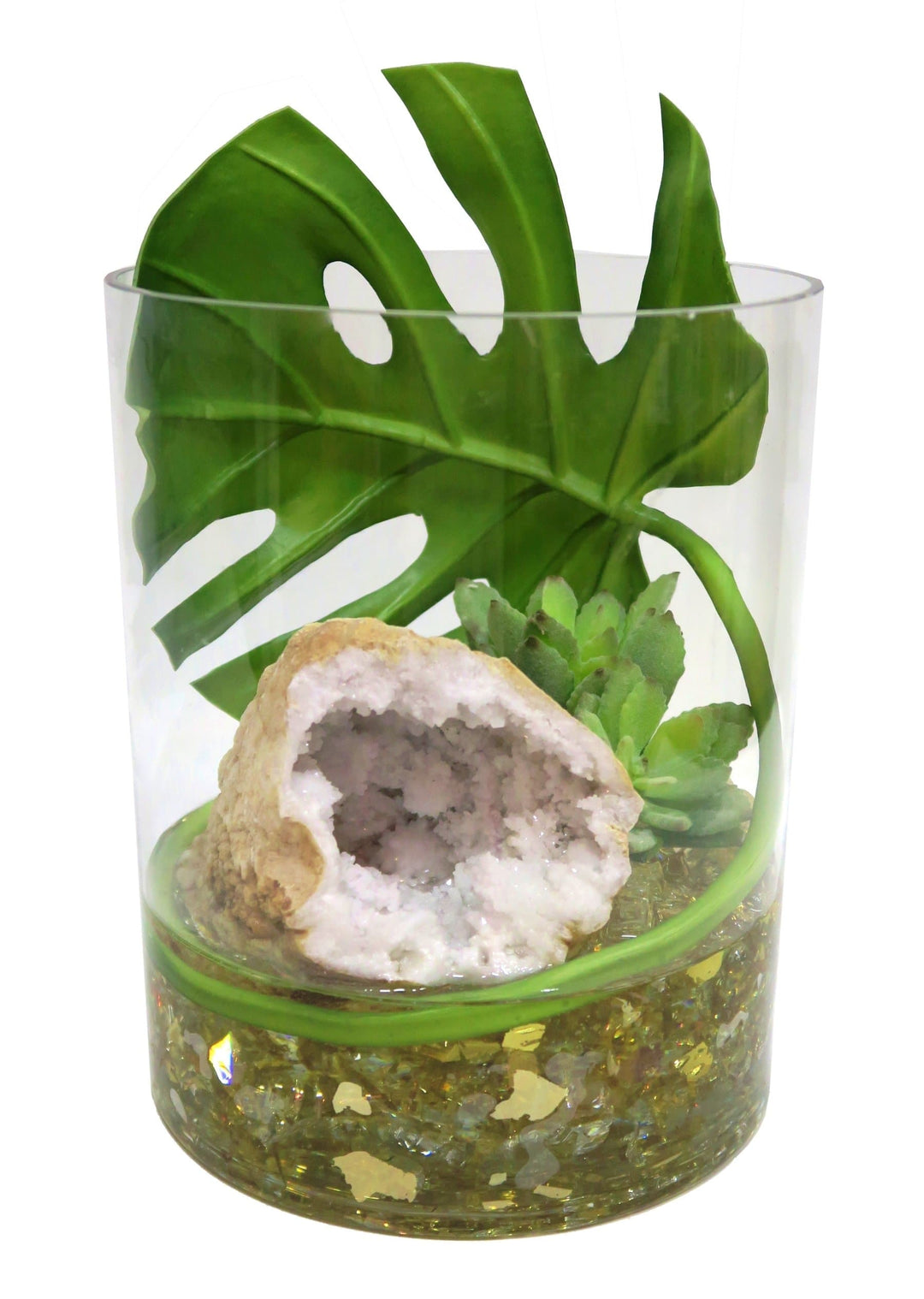 Monstera Leaf with Geode and Baby Agave in Vase