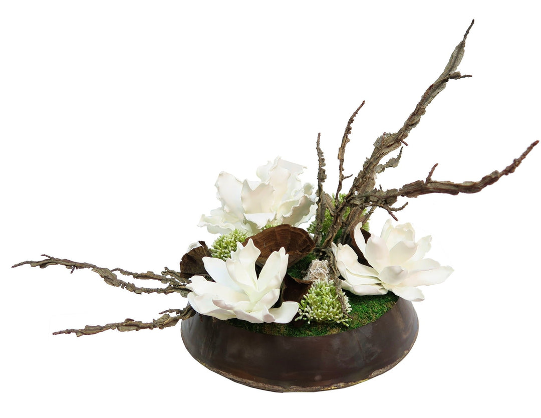 Foam Flowers with Winged Elm Branches and Geodes in Bowl - LDF SilkFlorals