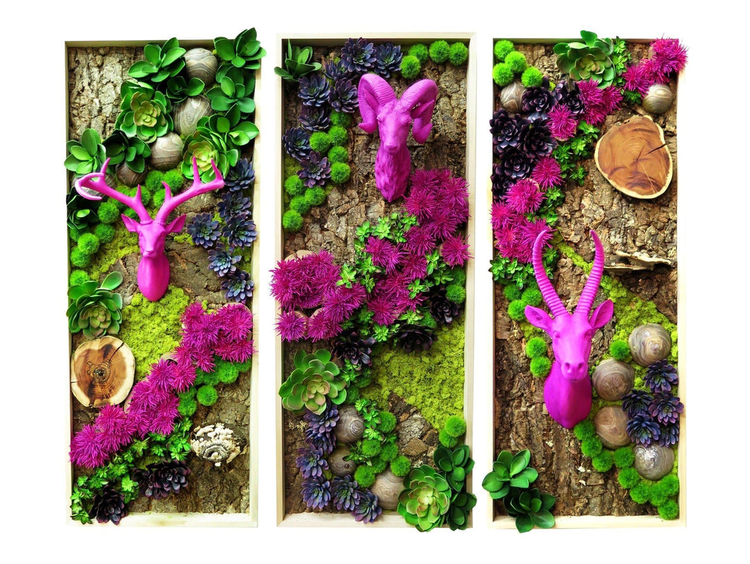 Framed Wall Art Featuring Ceramic Animal Heads with Mixed Succulents and Wood Elements - SET OF 3 - LDF SilkSucculent