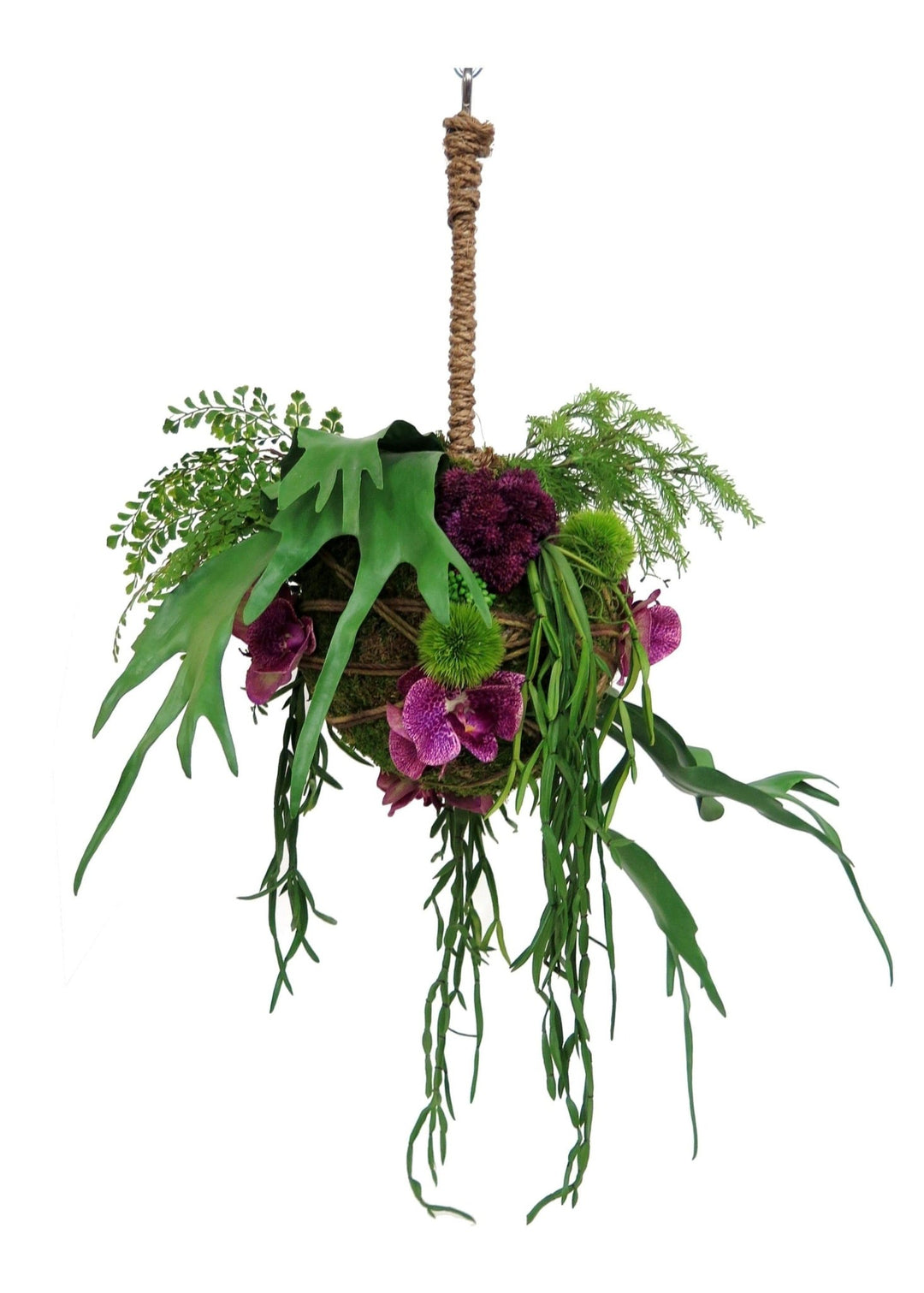 Hanging Moss Orb with Mixed Ferns and Orchids on Rope 29"DIA - LDF SilkFlorals