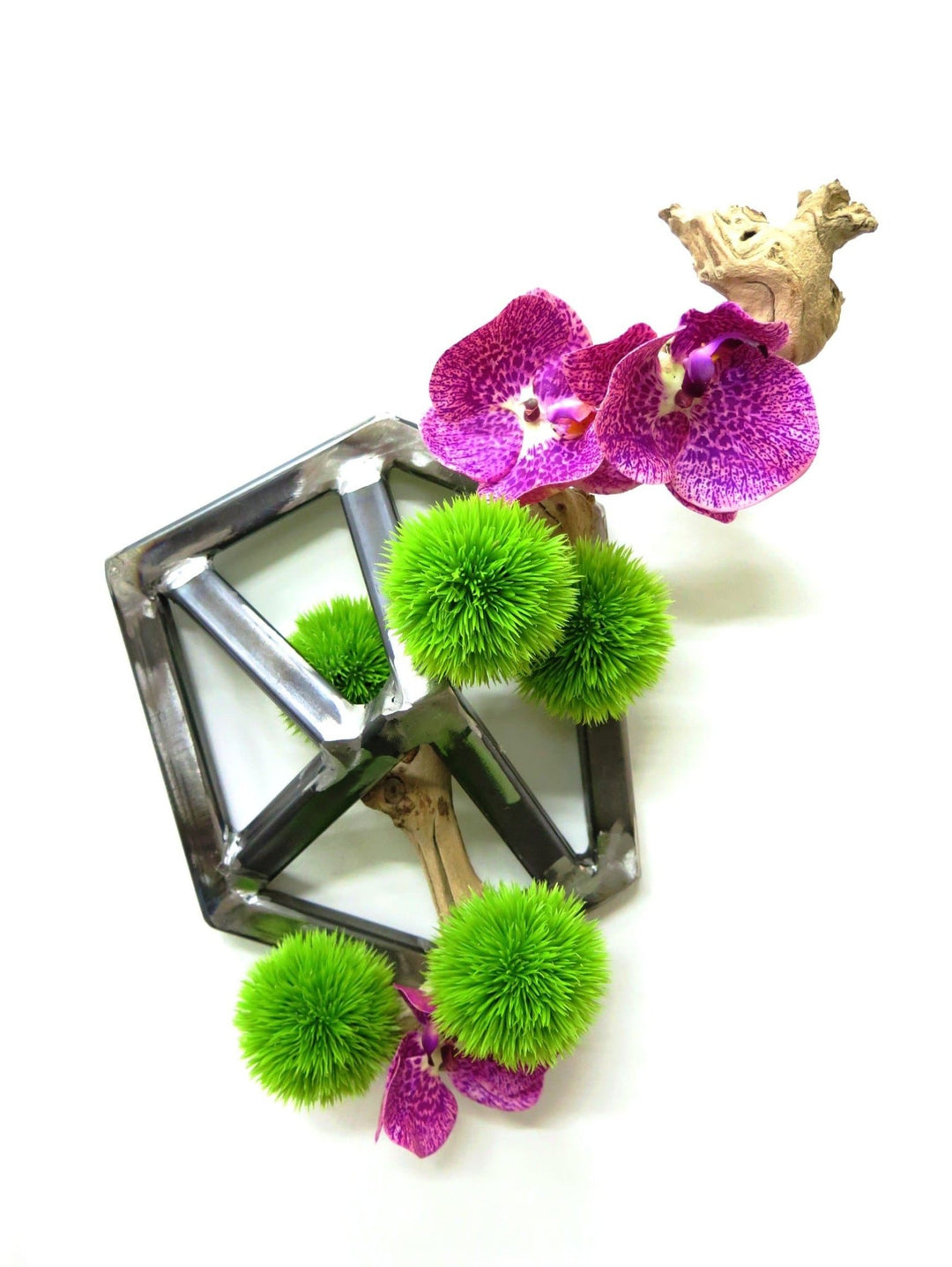 Iron Wall Sculpture Featuring Grapewood with Orchids and Allium Spheres - LDF SilkFlorals