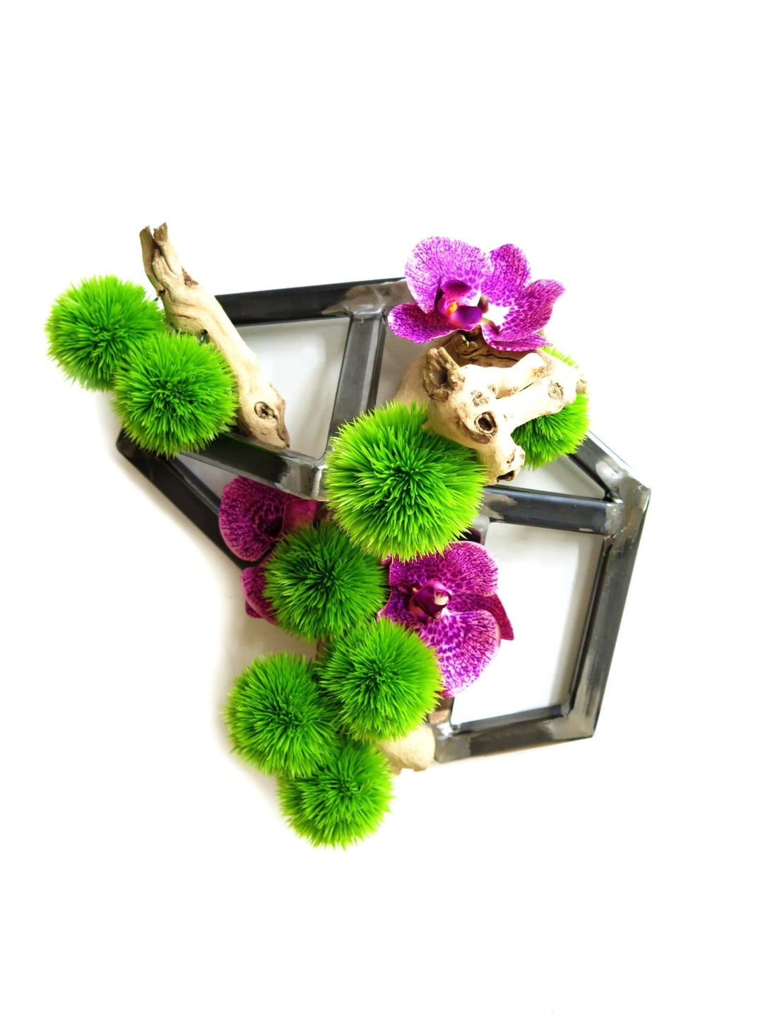 Iron Wall Sculpture Featuring Grapewood with Orchids and Allium Spheres - LDF SilkFlorals