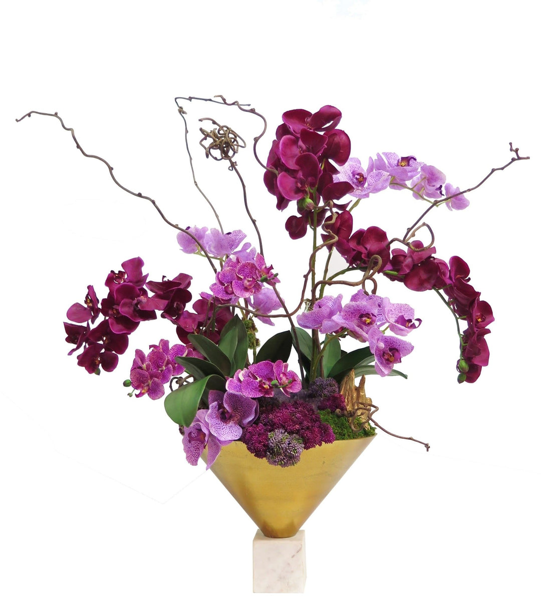 Orchids and Amethyst with Kiwi Branches in Bowl - LDF SilkFlorals
