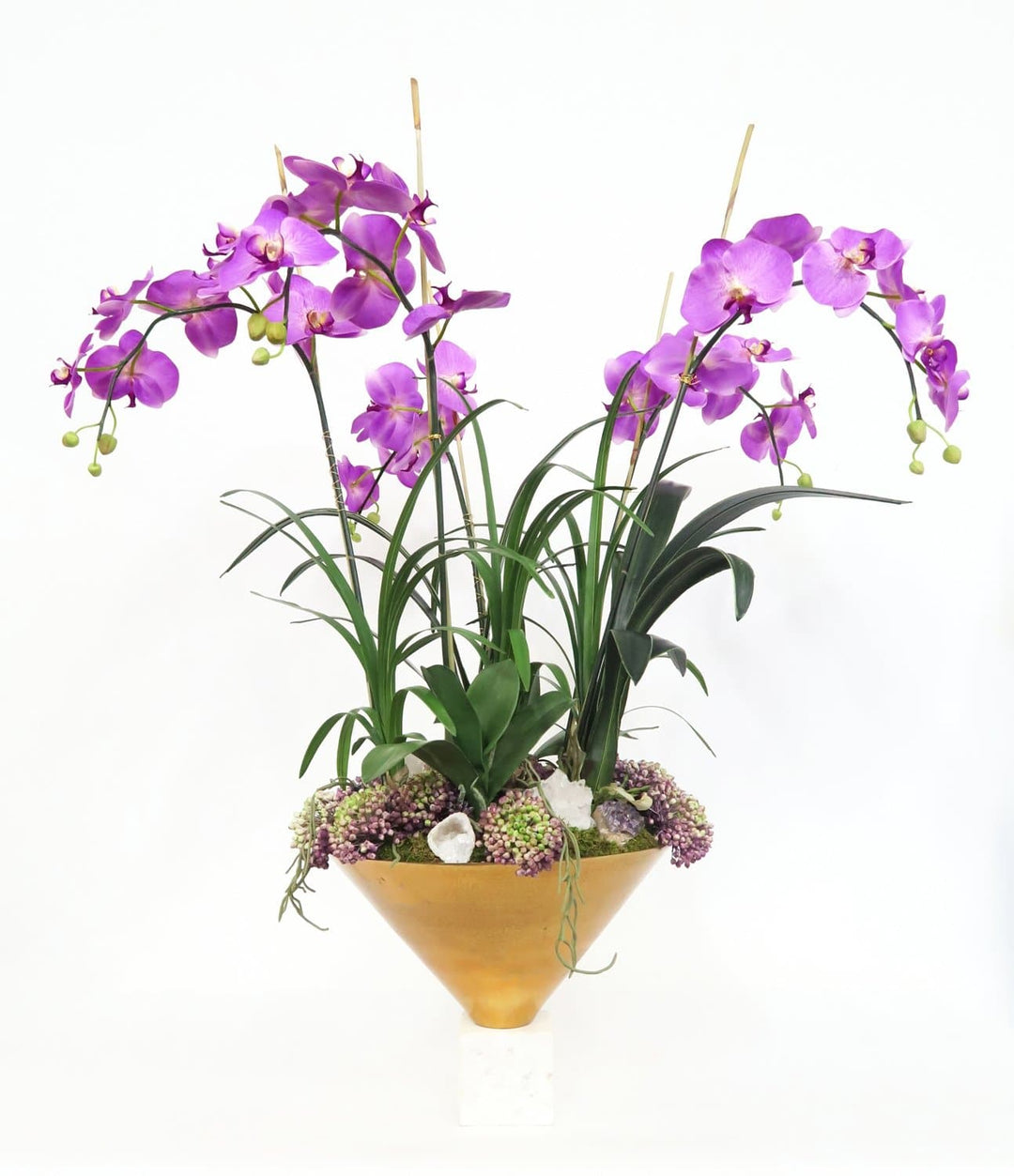 Orchids with Berry Clusters and Crystals in Bowl - LDF SilkFlorals