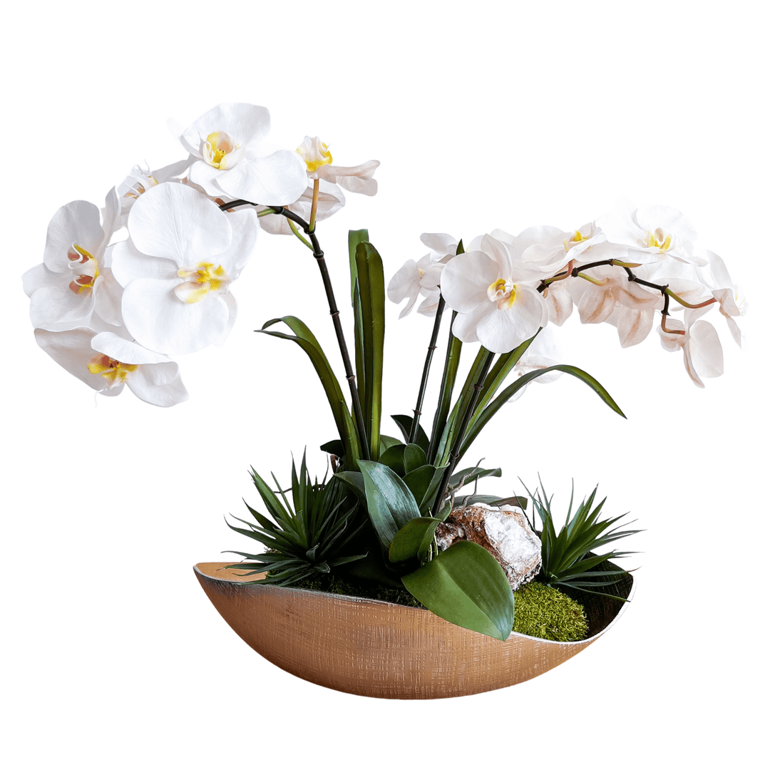 Orchids with Yucca and Geodes in Tray. FH: 16"H - LDF SilkFlorals