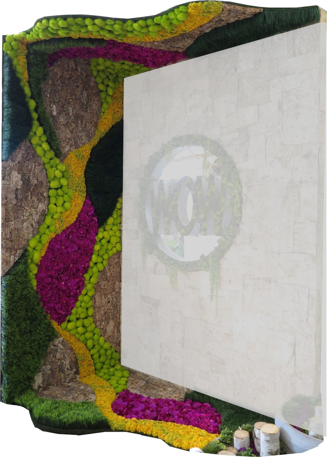 Organic Wall Panels Featuring Orchids and Seed Clusters with Moss Rocks - LDF SilkFlorals