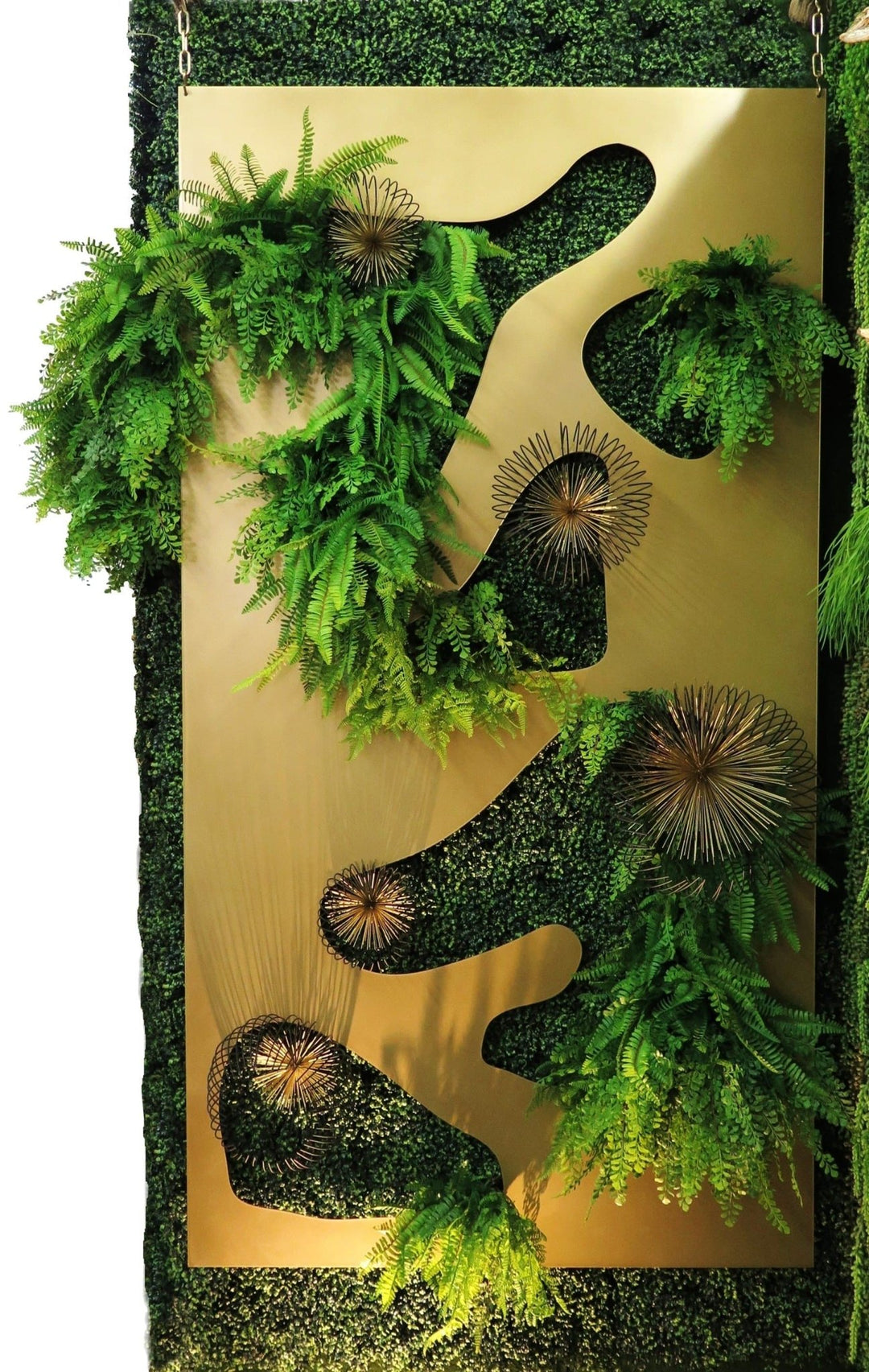 Outdoor Organic Wall Featuring Gold Metal Panel with UV - Protected Boxwood and Ferns - LDF Silkplants