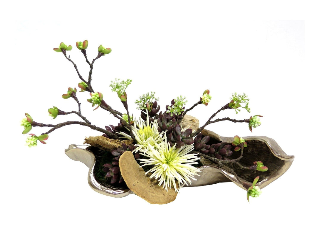 Spider Mums with Succulents and Budding Branches in Tray - LDF SilkHome & Garden