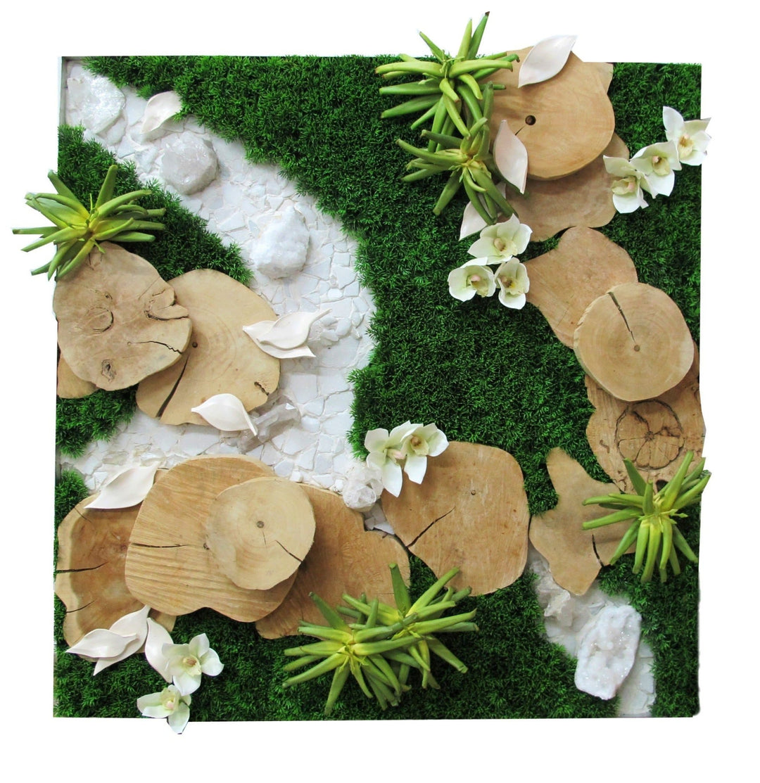 Wall Art Featuring Mosaic Rocks with Wood Slices and Orchids in Metal Frame - LDF SilkSucculent