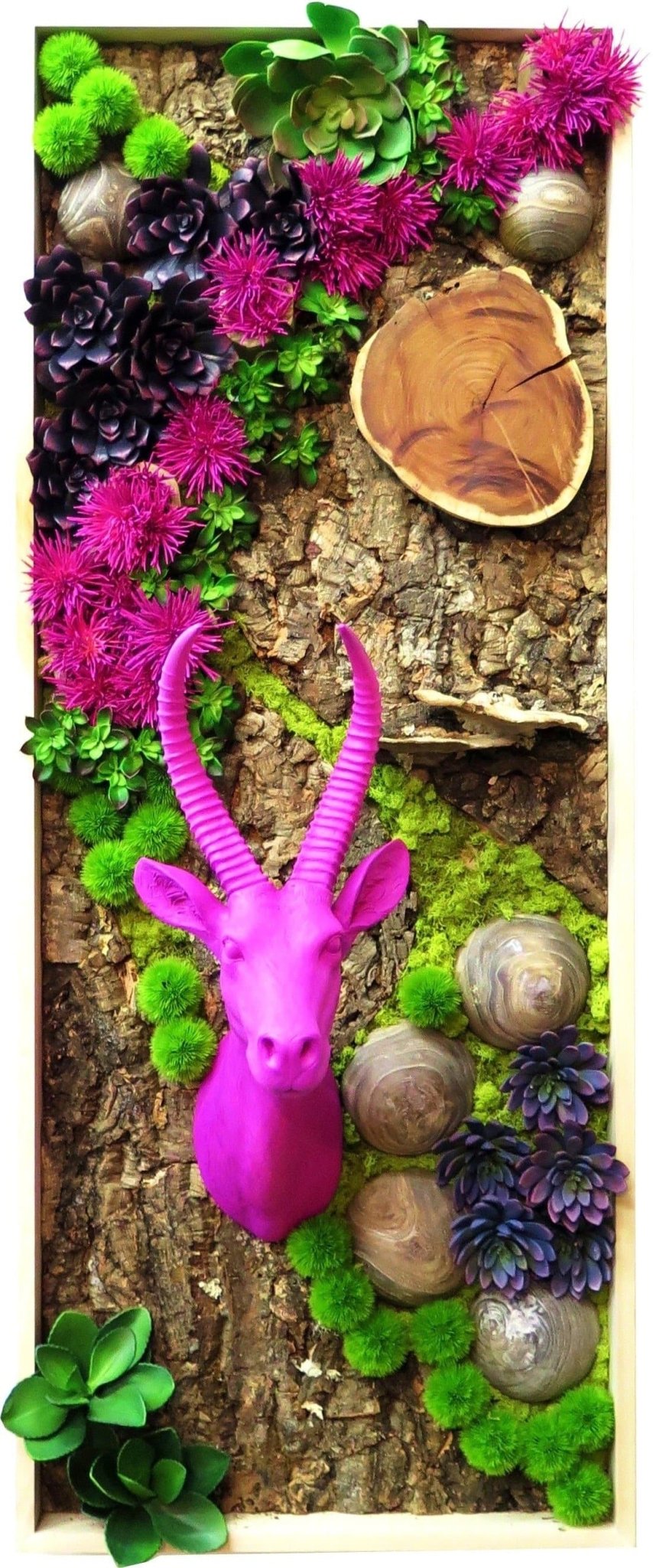 Wart Art Featuring Ceramic Elk Head with Mixed Succulents and Wood Elements - LDF SilkSucculent