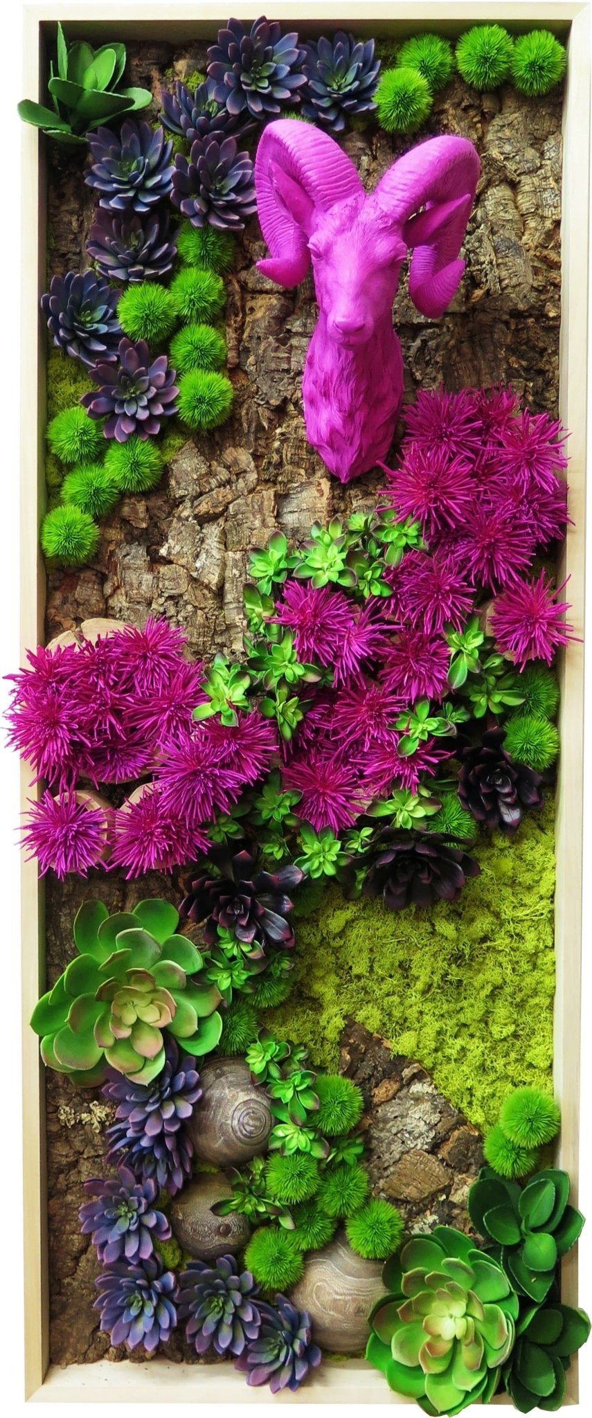 Wart Art Featuring Ceramic Ram Head with Mixed Succulents and Wood Elements - LDF SilkSucculent