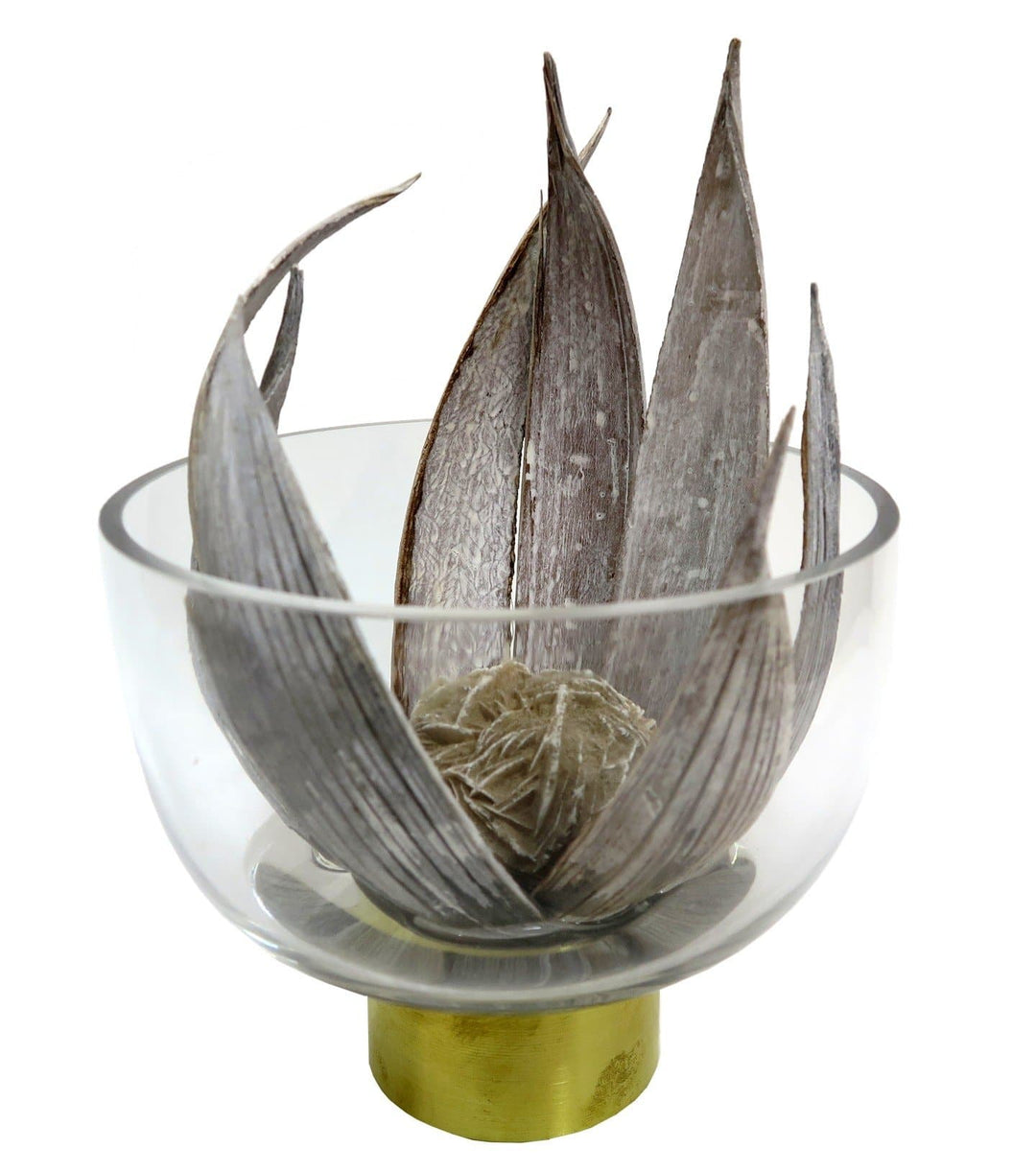 Whitewash Palm Curls and Desert Rose Selenite Ball in Glass Gold Rim Bowl - LDF Silk