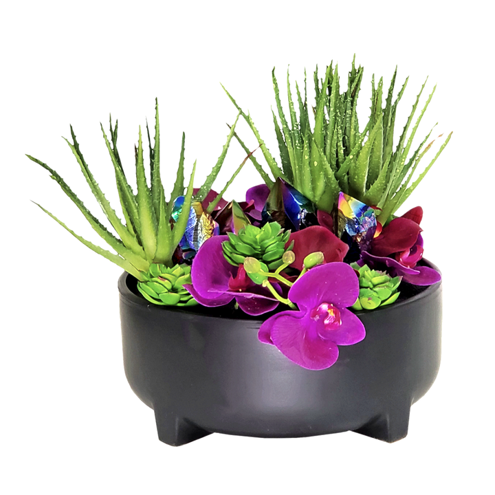 Obsidian Crystals with Aloe, Orchids and Sand in Ceramic 13"H