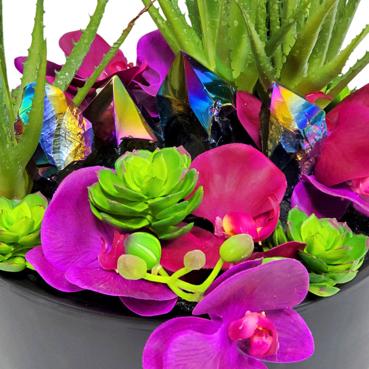Obsidian Crystals with Aloe, Orchids and Sand in Ceramic 13"H