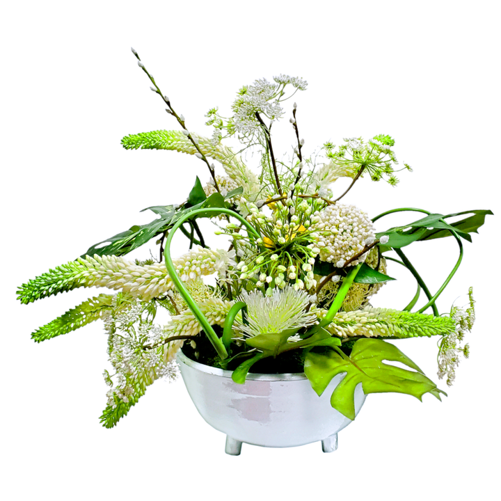 Foxtail Lily, Protea, Agapanthus, Pussy Willow and Queen Anne's Lace with Leaves in Ceramic 26"H