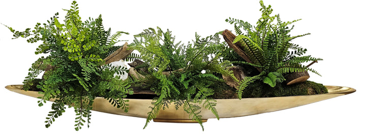 Ferns, Wood Fragments, Dried Mushrooms, and Geode in Boat FH: 18"