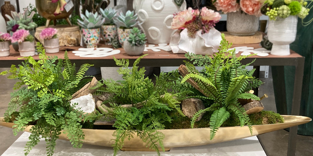 Ferns, Wood Fragments, Dried Mushrooms, and Geode in Boat FH: 18"
