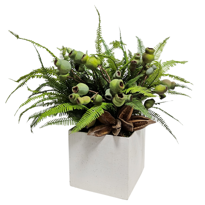 Ferns, Eucalyptus and Pods in Cube Ceramic.  FH: 20"