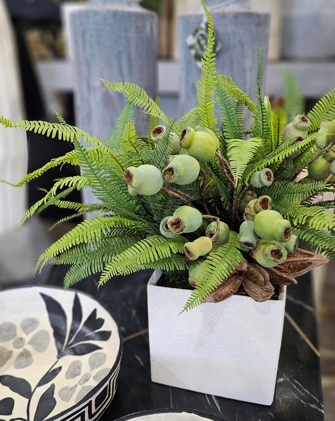 Ferns, Eucalyptus and Pods in Cube Ceramic.  FH: 20"