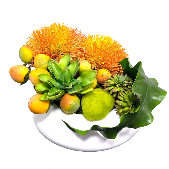 Sea Urchin with Fruit and Succulents in Matte Ceramic Bowl. FH: 11"H
