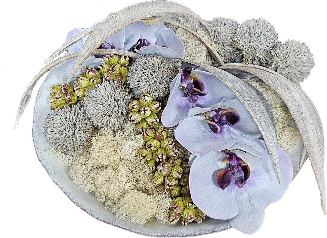 Orchid Floral in Glazed Ceramic Bowl. FH: 9"H