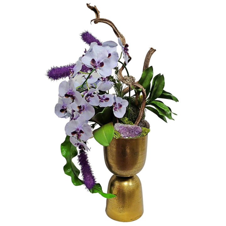 Phalaenopsis, Amethyst, Liatris, Spheres and Curly Vine in Gold Metal Vase 40"H