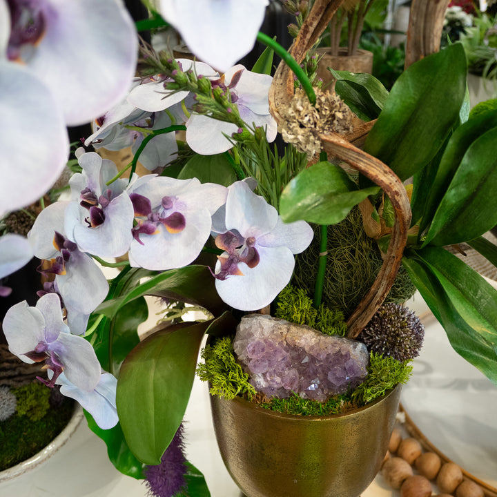 Phalaenopsis, Amethyst, Liatris, Spheres and Curly Vine in Gold Metal Vase 40"H