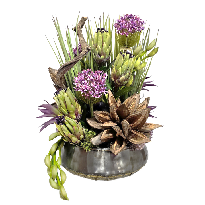 Allium, Protea, Succulents and Orchid Buds with Dried Curly Vine and Sora Pods in Metal Bowl  24"H
