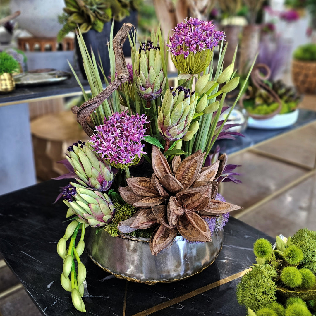 Allium, Protea, Succulents and Orchid Buds with Dried Curly Vine and Sora Pods in Metal Bowl  24"H