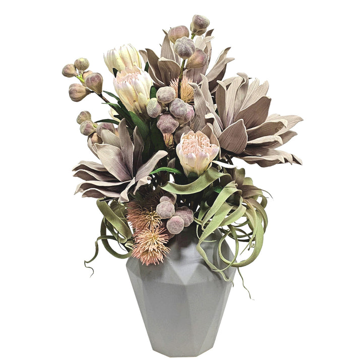 Protea with Tillandsia and Figs in Faceted Ceramic Vase. 31"H