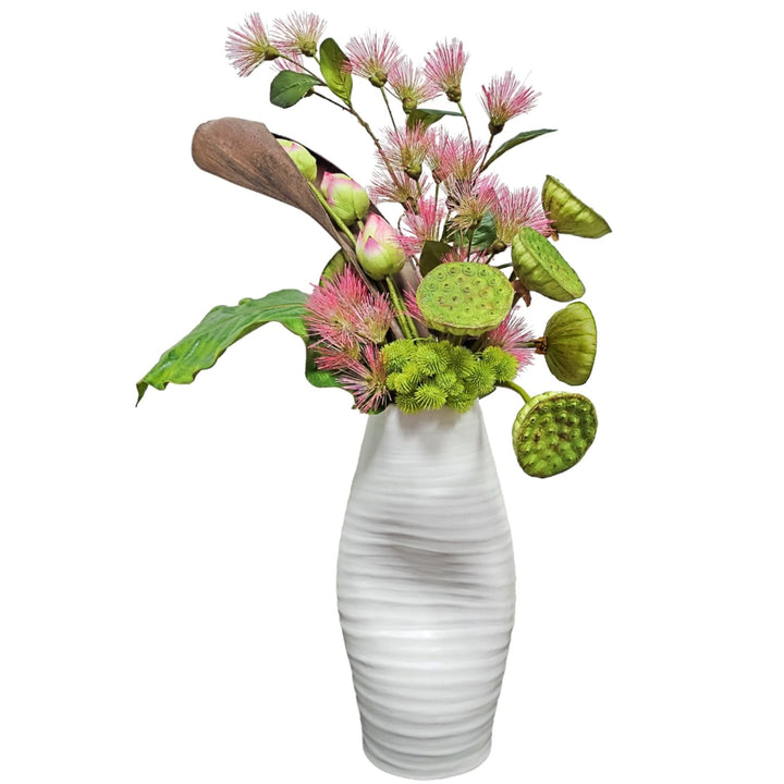 Lotus Pods, Spikey flowers, Palm Horn and Tropical Leaf in Vase. FH: 37"H