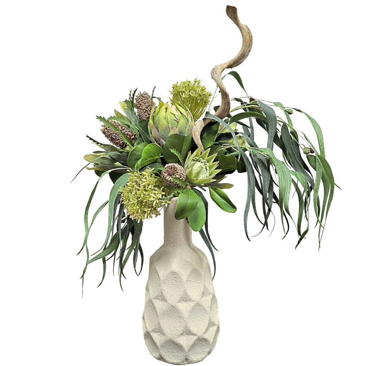 Protea, Eucalyptus, and Banksia with Curly Branch in Textured Ceramic Vase. FH: 37"