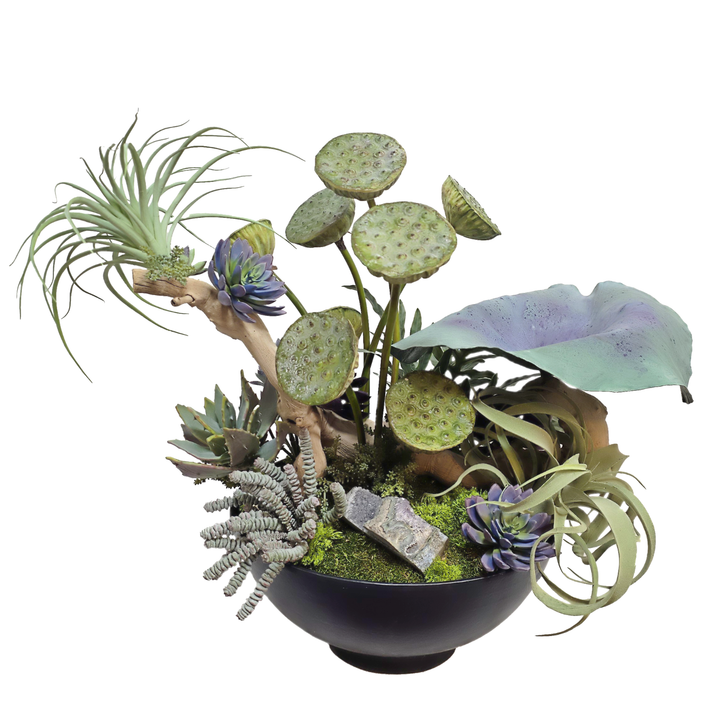 Hand Painted Leaf, Amythest, Lotus Pods, Fern, Grapewood and Succulents in Bowl 27"H