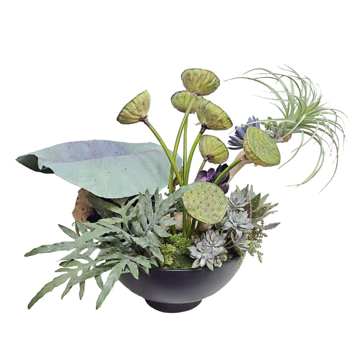 Hand Painted Leaf, Amythest, Lotus Pods, Fern, Grapewood and Succulents in Bowl 27"H