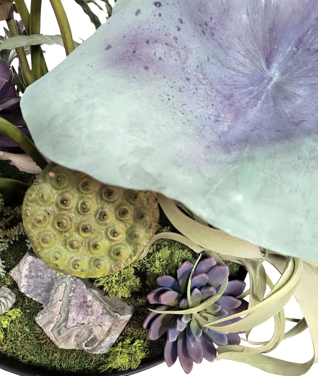 Hand Painted Leaf, Amythest, Lotus Pods, Fern, Grapewood and Succulents in Bowl 27"H